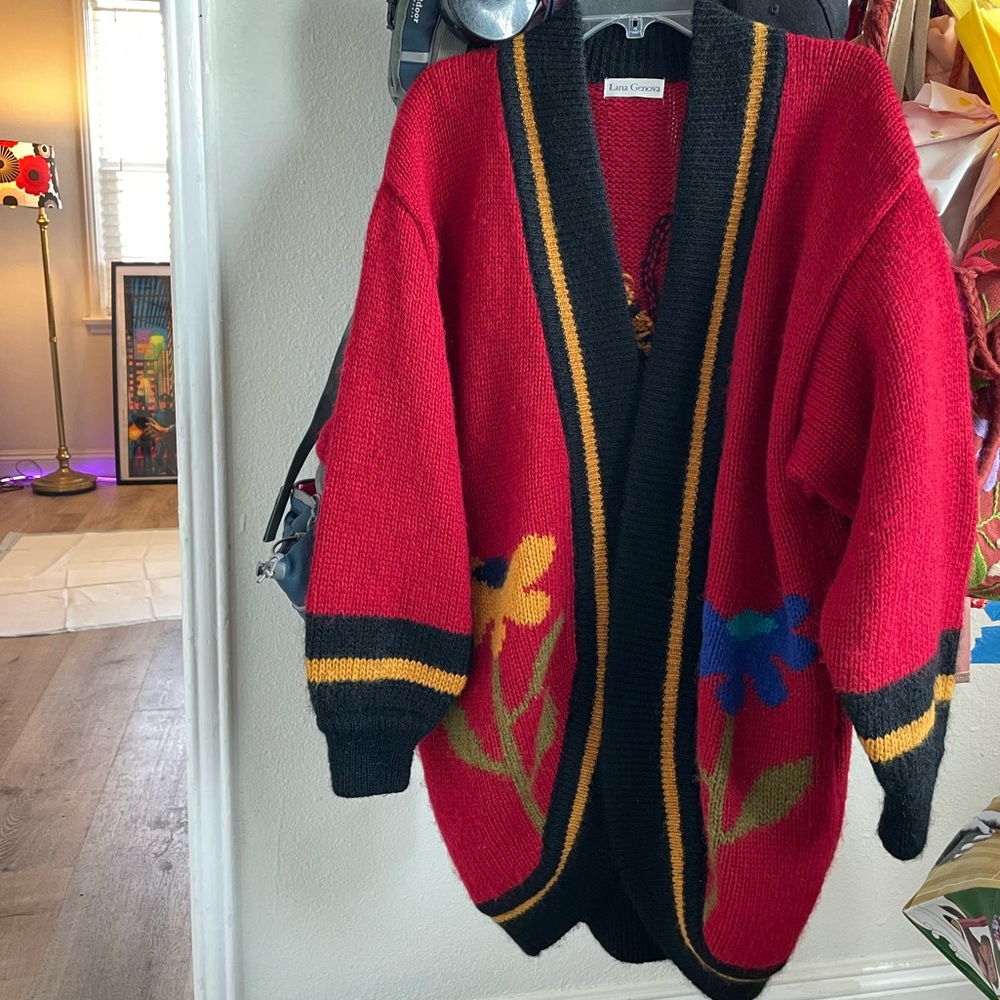 Vintage Red Cardigan with Floral Design